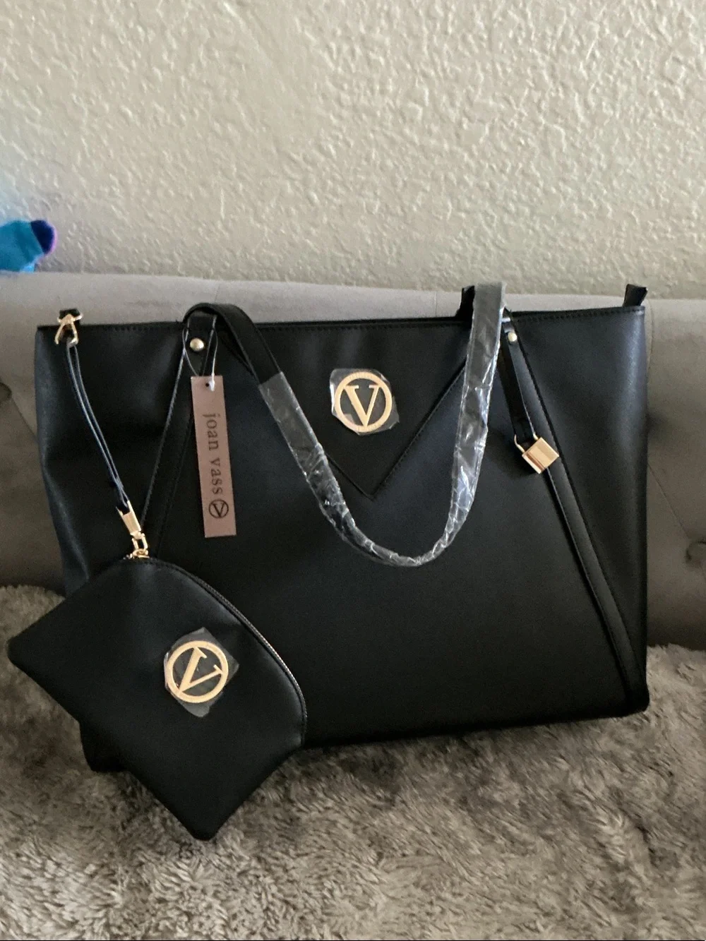 Joan Vass Black Tote with Gold Logo and Wristlet